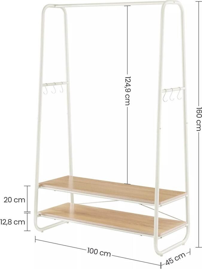 In And Outdoormatch Kledingstandaard Tamara Kapstok Kledingkast 2 planken 6 S-vormige haken Stalen Frame Industrieel Design Eiken Wit