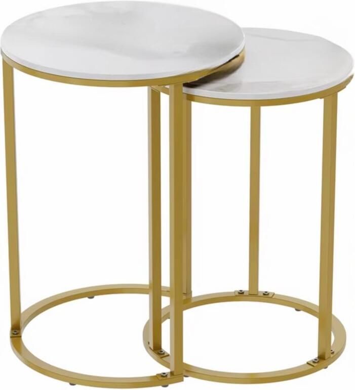 In And Outdoormatch Luxe bijzettafels Set van 2 Rond Gesinterd Stenen Tafelblad Goud Metalen Frame Modern Design Voor Woonkamer & Slaapkamer