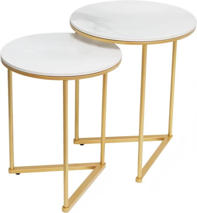 In And Outdoormatch Luxe bijzettafels Set van 2 Rond Gesinterd Stenen Tafelblad Goud Metalen Frame Modern Design Voor Woonkamer & Slaapkamer Driehoek design