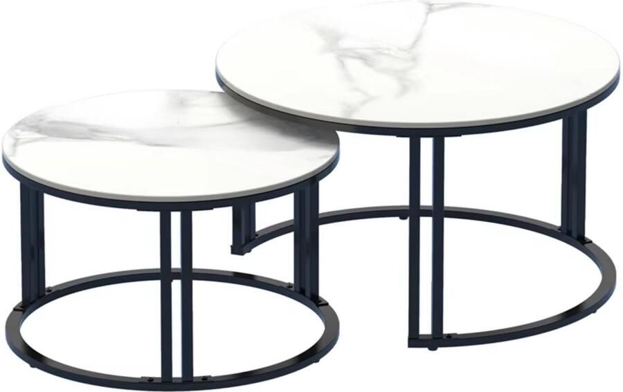 In And Outdoormatch Luxe Bijzettafels Set van 2 Ronde Salontafels Gesinterd Stenen Blad Ruimtebesparend & Modern Design Wit
