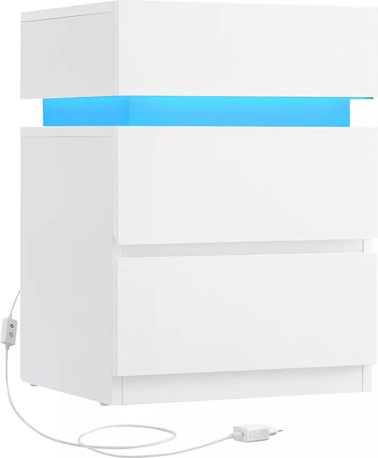 In And Outdoormatch Luxe ladekast Shanelle LED verlichting Nachtkastje Slaapkamer Bureau Ladekast Hout Wit 33x40x55cm