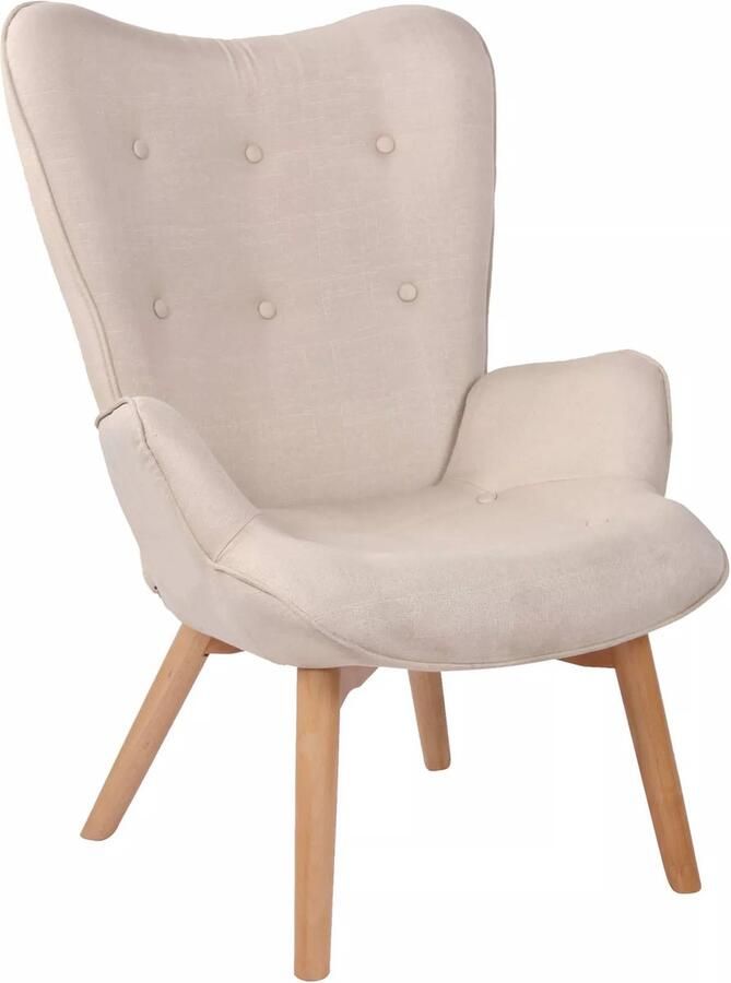 In And Outdoormatch Luxe loungestoel Michaela Eetkamerstoel Creme stof Houten poten Set van 1 Zithoogte 49 cm Deluxe