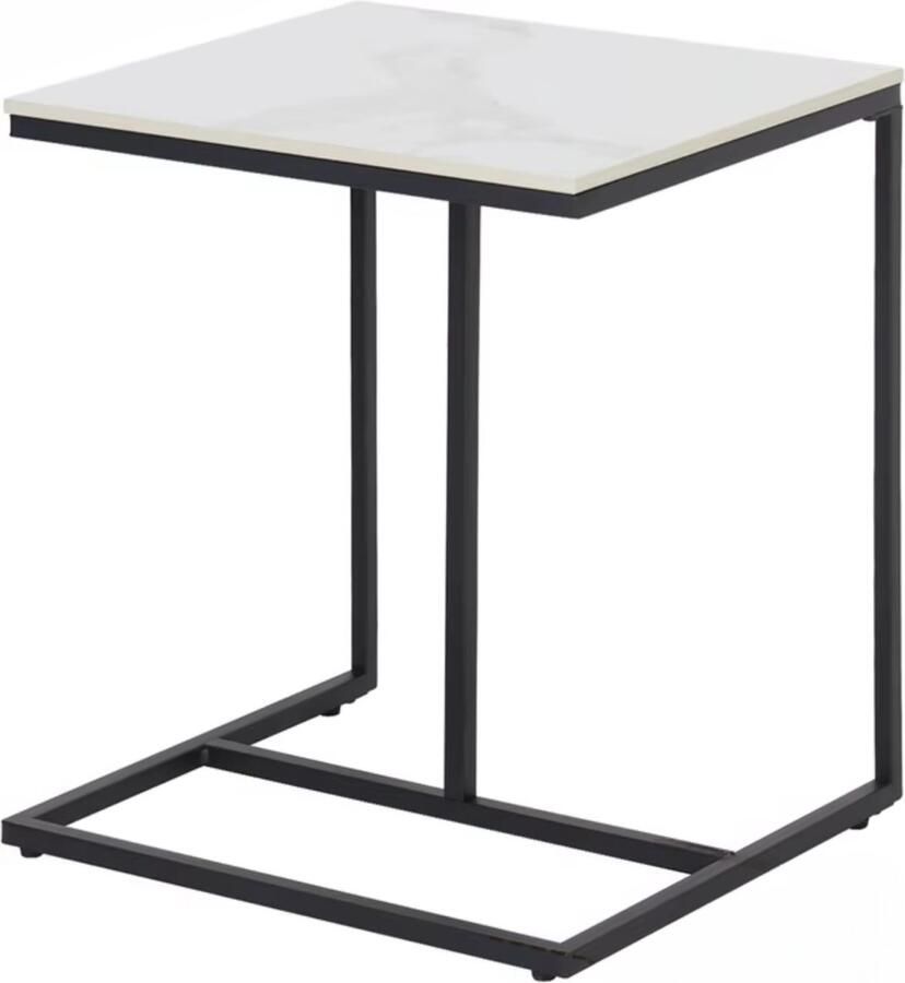 In And Outdoormatch Moderne C-Vormige Bijzettafel Gesinterd Stenen Blad Metalen Frame Compact & Stijlvol Voor Woonkamer & Slaapkamer