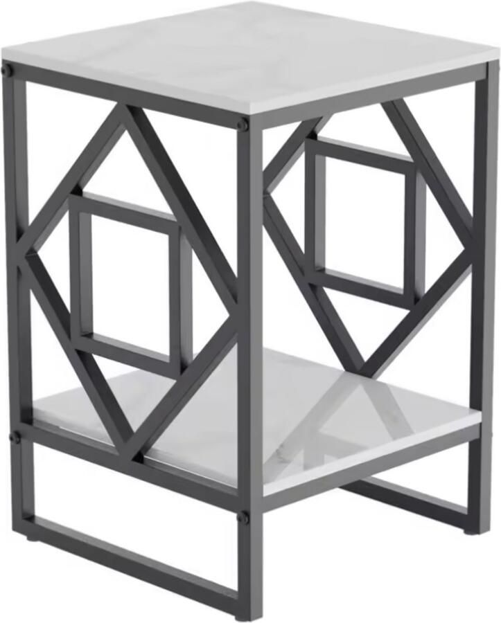 In And Outdoormatch Moderne Vierkante Bijzettafel 2-Tier Opslag Gesinterd Stenen Tafelblad Metalen Frame Stijlvol & Ruimtebesparend Bijzettafel Wit zwart