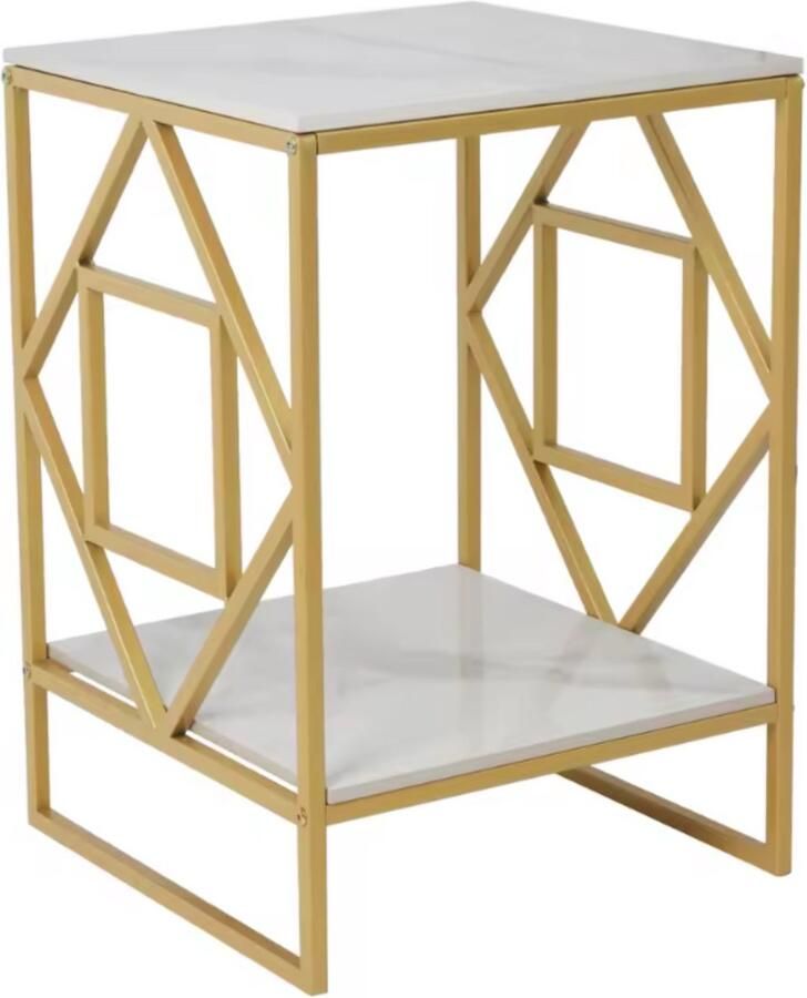 In And Outdoormatch Moderne Vierkante Bijzettafel 2-Tier Opslag Gesinterd Stenen Tafelblad Metalen Frame Stijlvol & Ruimtebesparend Bijzettafel Wit goud