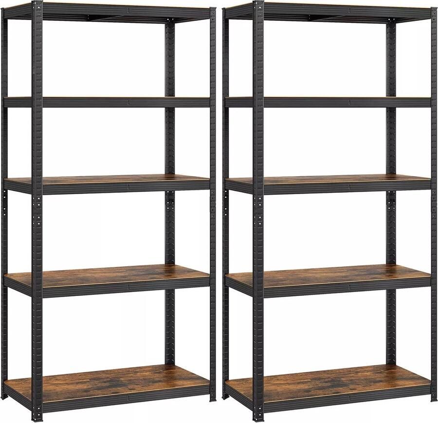 In And Outdoormatch Opbergrekken Jakayla Heavy Duty Planken Set van 2- 40x90x180cm Belastbaar tot 875 kg- Legborden Inhaakbare Planken Verstevigd Stalen Frame -5 Verstelbare Planken Zwart