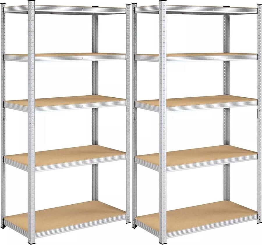 In And Outdoormatch Opbergrekken Kristoffer Heavy Duty Planken Set van 2- 180x90x40cm -Belastbaar tot 875 kg- Legborden Inhaakbare Planken Verstevigd Stalen Frame -5 Verstelbare Planken- Zilver