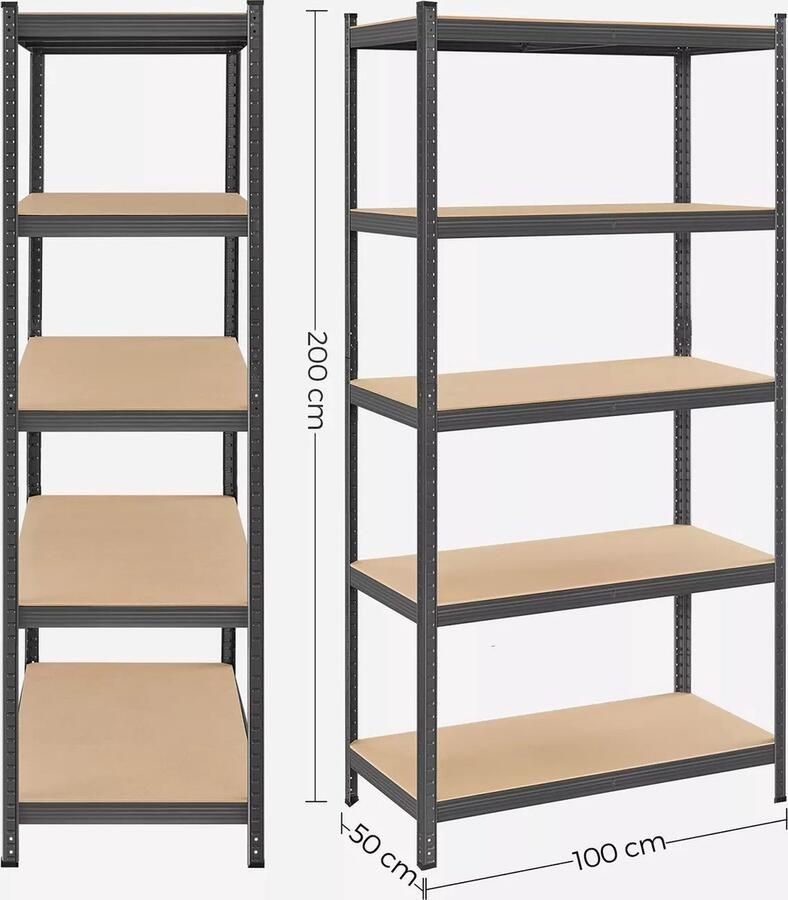 In And Outdoormatch Opbergrekken Leonardo Heavy Duty Planken Set van 2- 180x90x40cm -Belastbaar tot 875 kg- Legborden Inhaakbare Planken Verstevigd Stalen Frame -5 Verstelbare Planken- Zwart