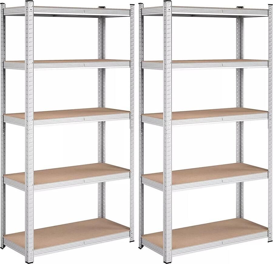 In And Outdoormatch Opbergrekken Michel Heavy Duty Planken Set van 2- 180x90x40cm -Belastbaar tot 875 kg- Planken Inhaakbare Planken- Verstevigd Stalen Frame -5 Verstelbare Planken- Zilver