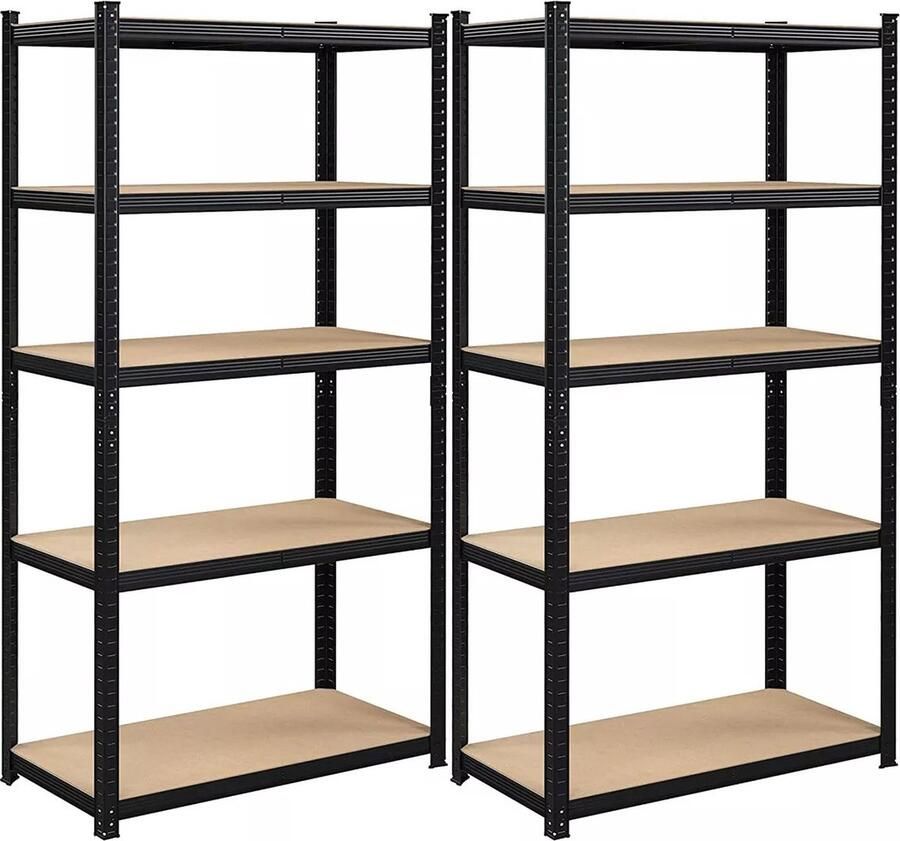 In And Outdoormatch Opbergrekken Travis Heavy Duty Planken Set van 2- 180x90x40cm -Belastbaar tot 875 kg- Legborden Inhaakbare Planken Verstevigd Stalen Frame -5 Verstelbare Planken- Zwart