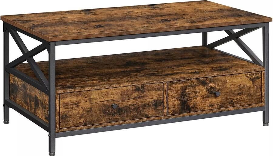 In And Outdoormatch Salontafel Mossie Woonkamer Banktafel voor Woonkamer met Laden X-vormige Bars Open Planken Industrieel Design Vintage Bruin Zwart