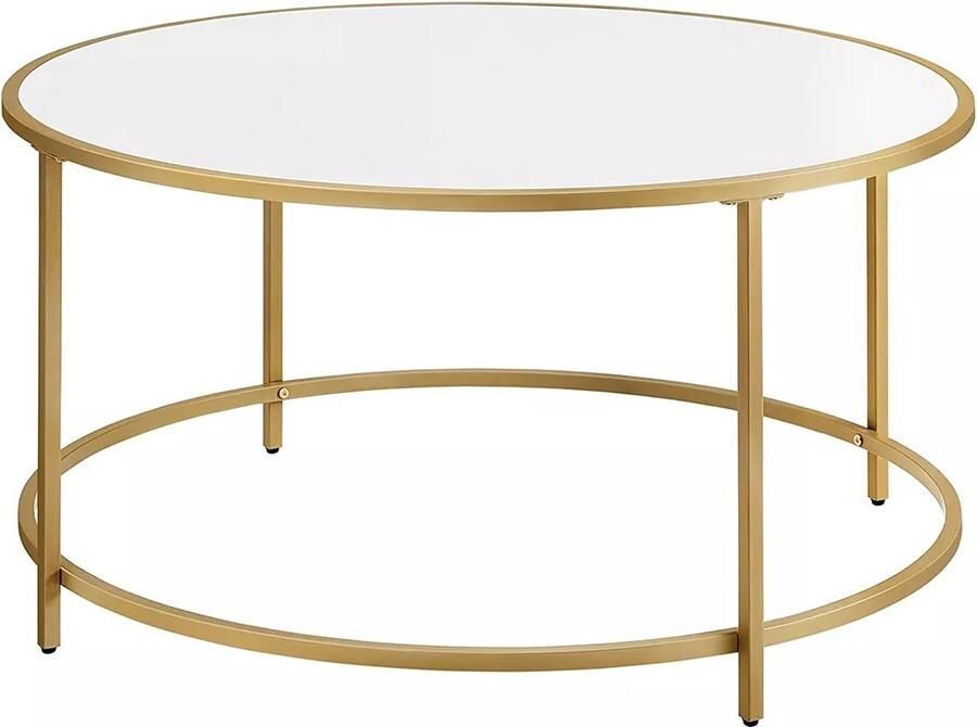 In And Outdoormatch Salontafel Syble Woonkamer Ronde Sofa Tafel met Spaanplaat Blad Goudkleurig Stalen Frame Eenvoudige Montage Modern Wit Goud