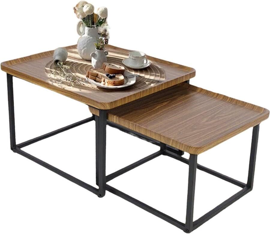 In And Outdoormatch Salontafels Set van 2 Massief Hout Industrieel Design Walnoot & Zwart