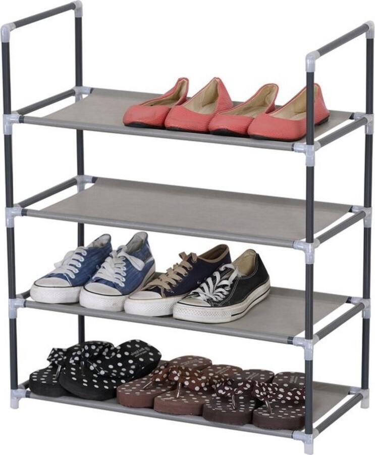 In And Outdoormatch Schoenenrek met 4 lagen stevig en modern schoenenbank met staal & stof ruimtebesparend ontwerp grijs 60x28x71 cm