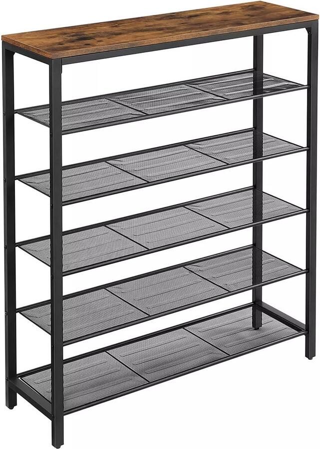In And Outdoormatch Schoenenrek Zoey 5 roosterniveaus Royale Oppervlak Metalen Frame Industrieel Ontwerp Vintage Bruin Zwart 100x30x110cm
