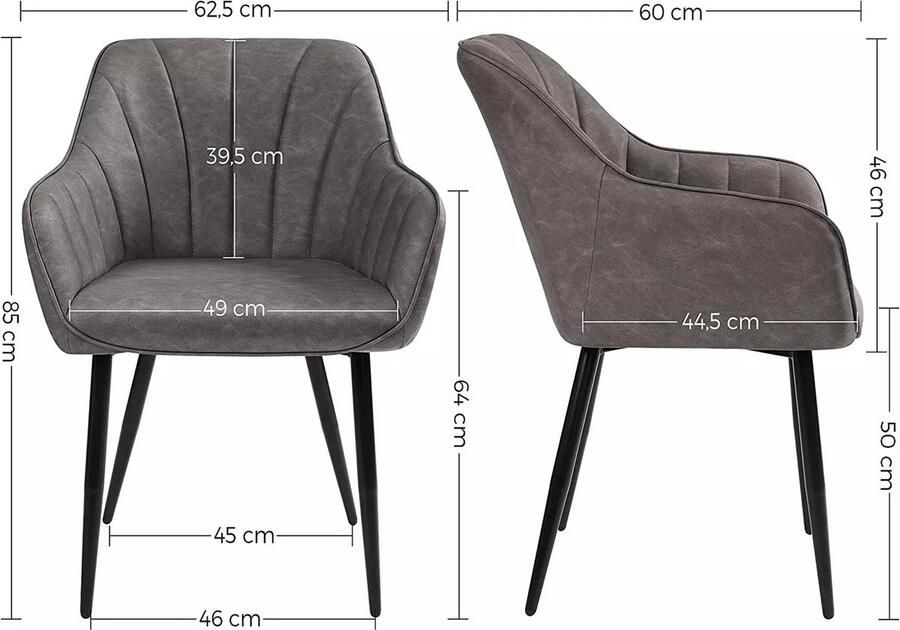 In And Outdoormatch set van 2 stoelen Cordie stoelen eetkamerstoelen loungestoel eetkamerstoel gestoffeerde stoel met armleuningen belastbaar tot 110 kg grijs
