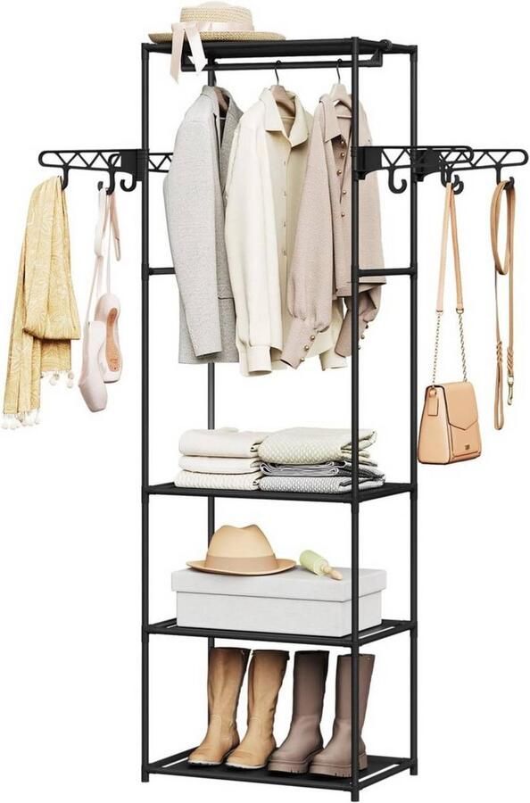 In And Outdoormatch Vrijstaand Kledingrek Met Haken Ophangrail & Planken Open Kledingkast voor Slaapkamer Woonkamer of Hal Metalen Frame 53 5x171x35 5 cm Zwart Ruimtebesparend Design