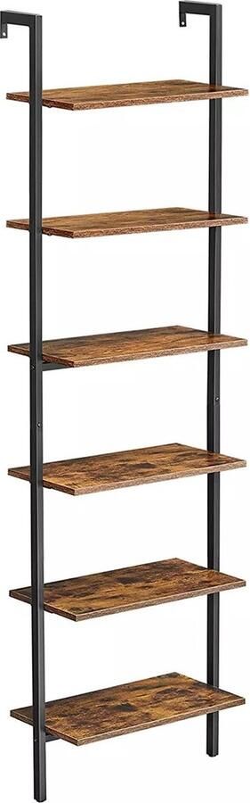 In And Outdoormatch Vrijstaande Boekenkast Mabelle 6 Tier Ladderplank Boekenkast Decor Slaapkamer Woonkamer Kantoor 60x30x204.8cm Industrieel Ontwerp Vintage Bruin Zwart
