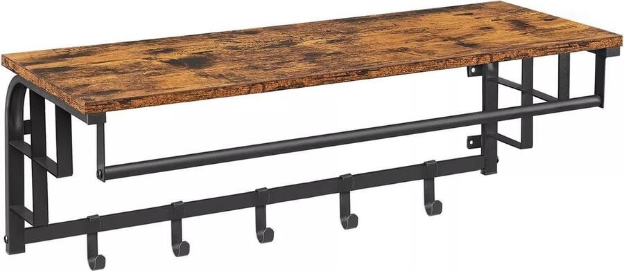In And Outdoormatch Wandkapstok Connor met Plank Wandplank met 5 Verwijderbare Haken Hangplank Wandmontage Kledingstang voor Hal Slaapkamer Badkamer Vintage Bruin Zwart