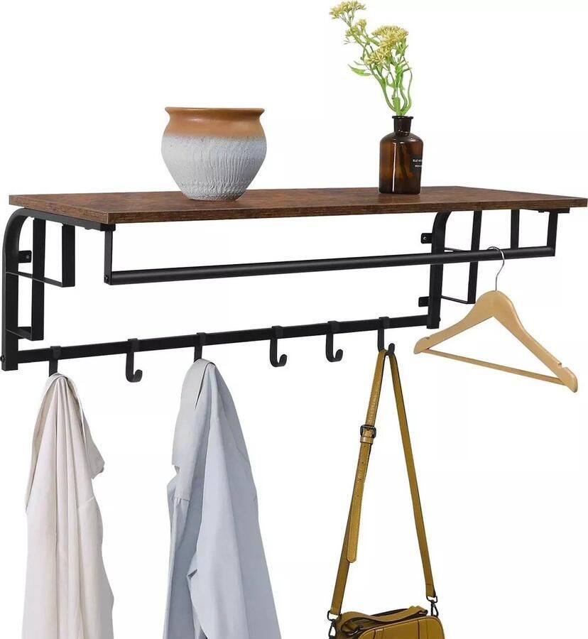 In And Outdoormatch Wandkapstok Nicolette Met hoedenplank Kapstok hangend Industrieel Zwart Hout 88x30x27cmWandkapstok Nicolette Met Hoedenplank Kapstok hangend Industrieel Zwart Hout 88x30x27cm
