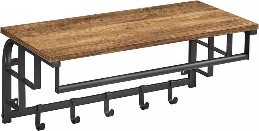 In And Outdoormatch Wandkapstok Sammy met Plank Wandplank met 10 Verwijderbare Haken Hangplank Wandmontage 2 Kapstokken Kledingstang voor Hal Slaapkamer Badkamer Vintage Bruin Zwart