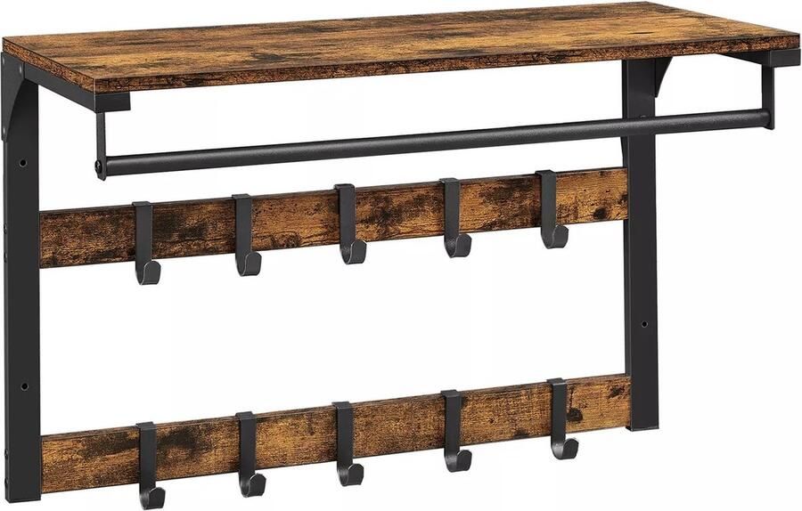 In And Outdoormatch Wandkapstok Sincere met Plank Wandplank met 10 Verwijderbare Haken Hangplank Wandmontage 2 Kapstokken Kledingstang voor Hal Slaapkamer Badkamer Vintage Bruin Zwart