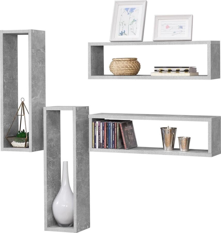 In And Outdoormatch Wandplank Hillary Set van 4 59x14 5x17 cm Betonlook Spaanplaat Stijlvol design