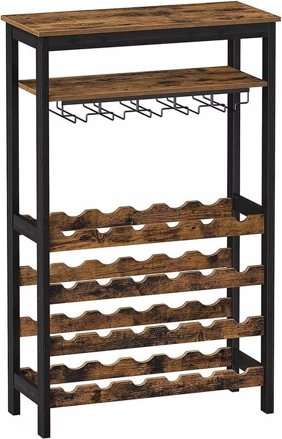 In And Outdoormatch Wijnrek Clarissa 24 Flessen Wijnrek Wijnkast Vrijstaand Flessenrek met Glashouders voor Keuken Bar Eetkamer Vintage Bruin Zwart