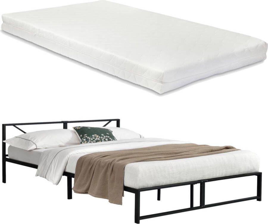 In And Outdoormatch Metalen Bed Ernesto Bedframe Met Matras Zwart 180x200 cm Minimalistisch Design