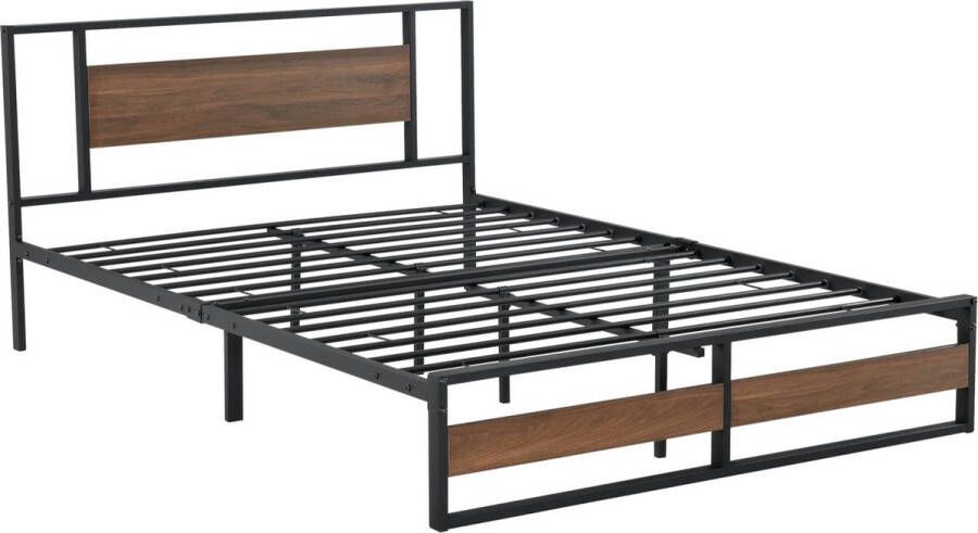 In And Outdoormatch Metalen bed Vanessa Bedframe 140x200 cm Zwart en Walnoot Modern design