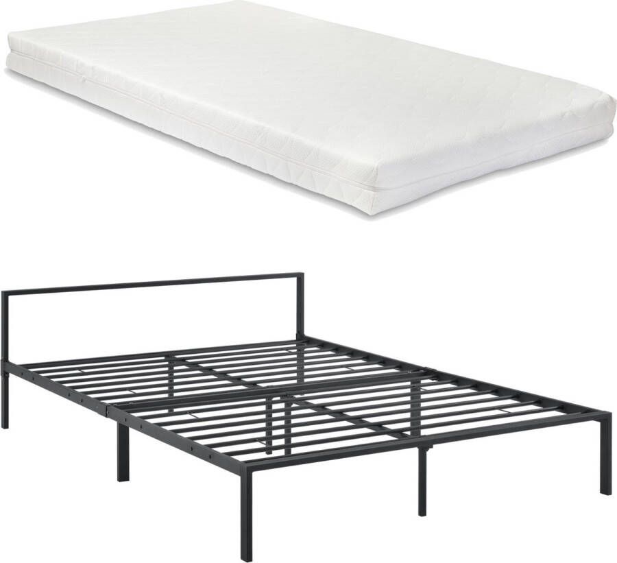 In And Outdoormatch Metalen Bedframe Ephraim Zwart Met matras 160x200 cm Staal en Koudschuim Modern Design
