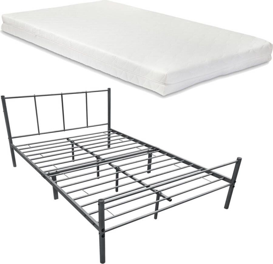In And Outdoormatch Metalen Bedframe Haylie Met Matras 140x200 cm Donkergrijs Modern Design
