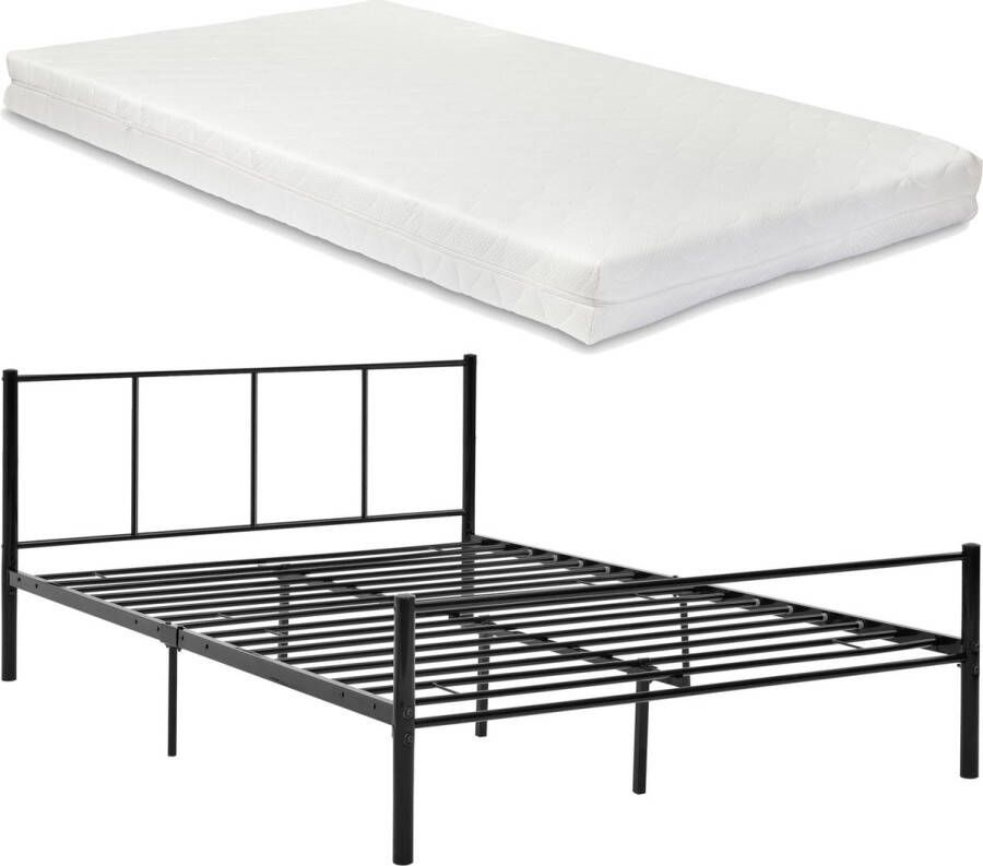 In And Outdoormatch Metalen bedframe Kira incl. Matras Zwart 140x200 cm Stalen frame gepoedercoat en koudschuim