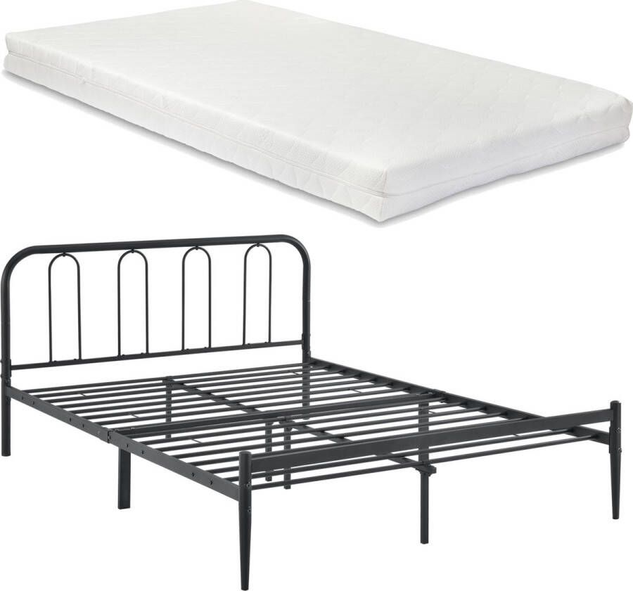 In And Outdoormatch Metalen Bedframe Laurianne Zwart Met matras 160x200 cm Staal en Koudschuim Modern Design