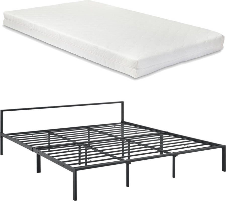 In And Outdoormatch Metalen Bedframe Skye Zwart Met matras 180x200 cm Staal en Koudschuim Modern Design