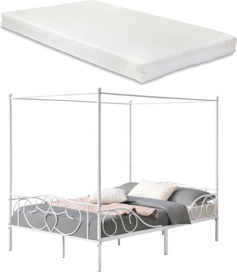 In And Outdoormatch Metalen hemelbed Reyna met bedbodem en matras 140x200 cm wit stabiel frame minimalistisch design - Foto 2