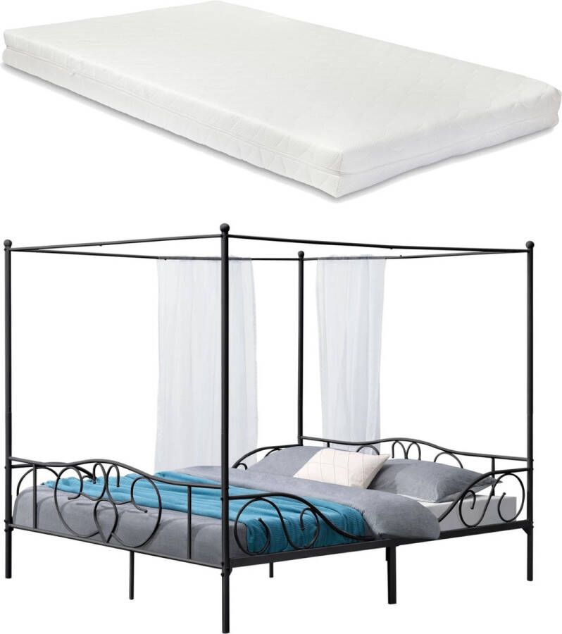 In And Outdoormatch Metalen Hemelbed Ruben Met Bedbodem en Matras 180x200 cm Zwart Stabiel Frame Minimalistisch Design - Foto 2