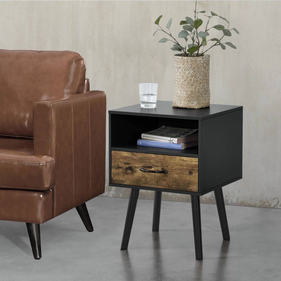 In And Outdoormatch Nachtkastje Nikki Met Lade en Open Vak 57x42x40 cm Zwart en Donkergekleurd Hout Modern Design - Foto 2