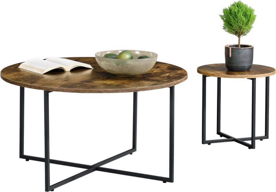 In And Outdoormatch Salontafel Allene Set van 2 Zwart en Houtkleurig Spaanplaat en Staal Modern design