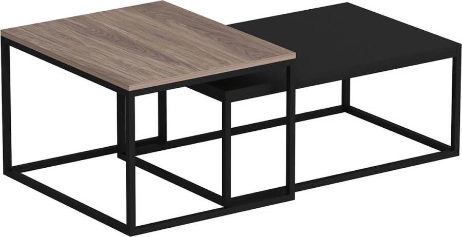 In And Outdoormatch Salontafel Bettye Set van 2 Eiken en Zwart Spaanplaat en Metaal Stijlvol Design