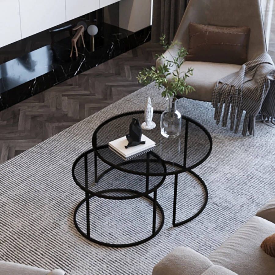 In And Outdoormatch Salontafel Loreno Set van 2 Zwart en Transparant Metaal en Gehard Rookglas Modern Design