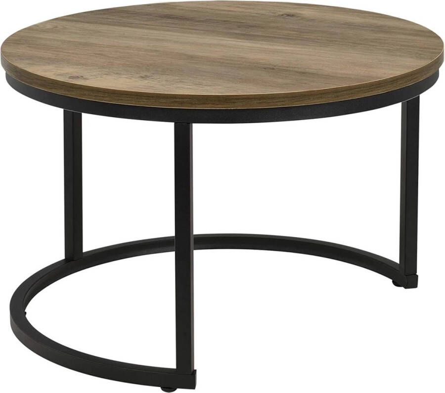 In And Outdoormatch Salontafel Nathen Rond Set van 2 Houtkleurig en Zwart Metaal en Spaanplaat Modern Design