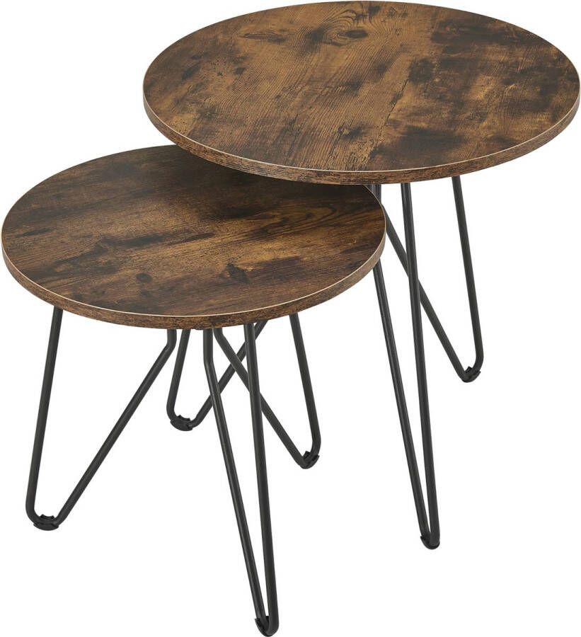 In And Outdoormatch Salontafel Roger Set van 2 Rond Houtkleurig Donker en Zwart Staal en Spaanplaat Modern Design
