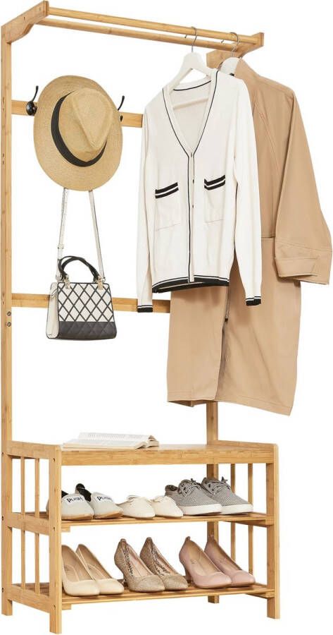 In And Outdoormatch Schoenenrek Arnoldo Met Bamboe Kapstok 168x70x35 cm Houtkleurig Met Zitting Milieuvriendelijk Materiaal - Foto 2