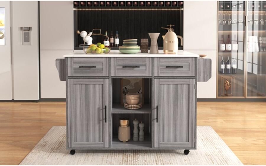 In& out door furniture 139x46(71)x91 5 cm grote serveerwagen bijzetkast massief fineer van grijs hout voor het corpus + witte marmeren fineerdecoratie voor het werkblad kast opklapbaar werkblad opbergdeuren r