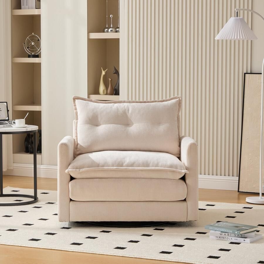 In& out door furniture 360° draaibare loungestoel met armleuningen grote éénpersoons bank voor woonkamer slaapkamer studeerkamer en kantoor stoel in moderne stijl met kussens ideaal voor ontspanning en entertainment- beige