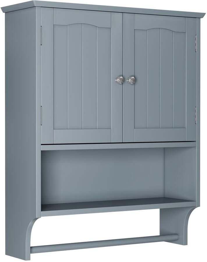 Re-purelife Badkamerkast Hangend met Handdoekrek – Wandkast met 2 Deuren en Open Schappen – Lichtgrijs – Waterdicht Verstelbaar Legplankje & Veel Opbergruimte – Medicijnkast Toiletkast of Keukenkast – 56 8×19×70 cm - Foto 2