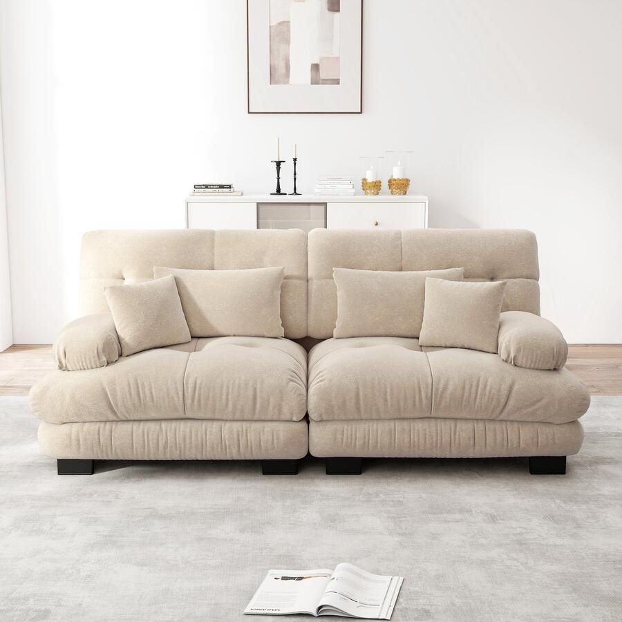 In& out door furniture Cloud Ecksofa voor woonkamer Chenille hoekbank met 2 lendenkussens en 2 decoratieve kussens massief houten frame Chenille lichtbruin