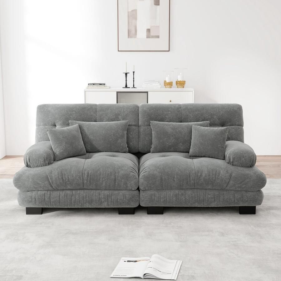 In& out door furniture Cloud Ecksofa voor woonkamer Chenille hoekbank met 2 lendenkussens en 2 decoratieve kussens massief houten frame Chenille grijs