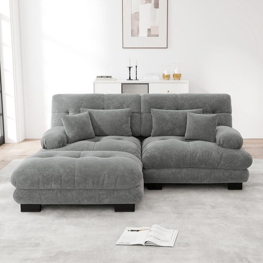 In& out door furniture Cloud Ecksofa voor woonkamer Chenille hoekbank met 2 lendenkussens en 2 decoratieve kussens gepolst bank met brede armleuningen en ottomane Chenille grijs